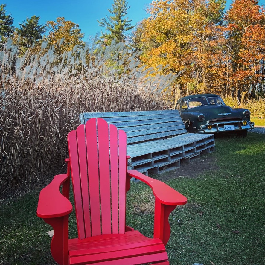 A red Adirondack chair facing a wooden bench and a vintage car parked beside tall grass and autumn trees